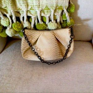 Beige Snakeskin Embossed Purse with Chain Handle